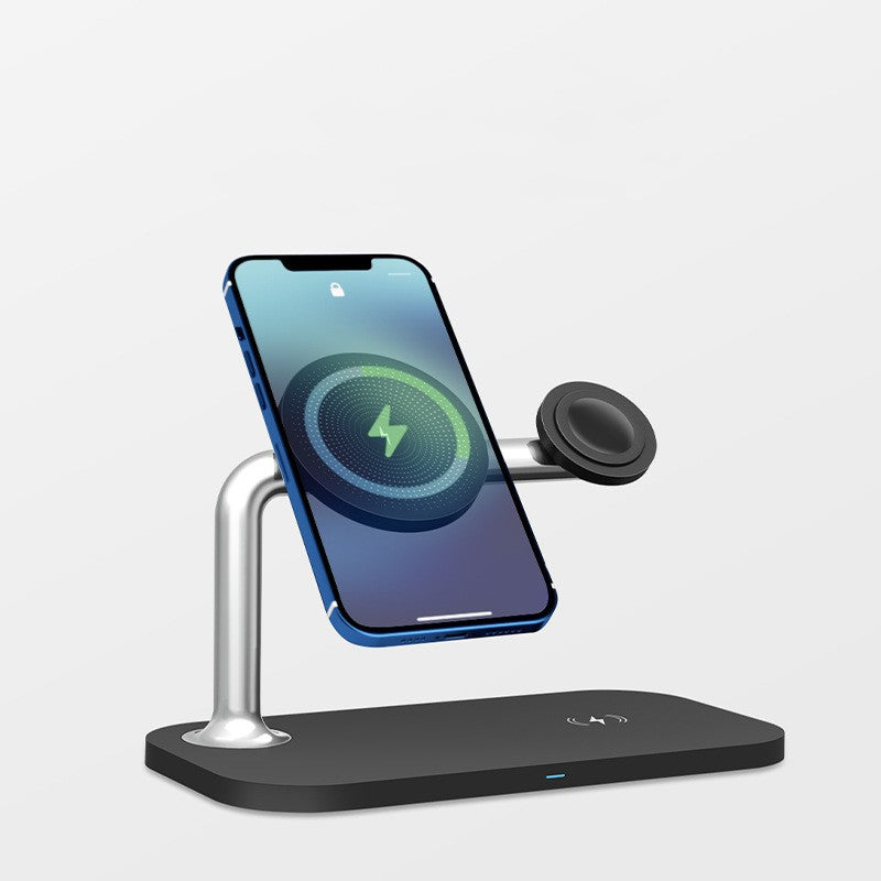 Space-saving magnetic wireless charging station for bedside or office desk.