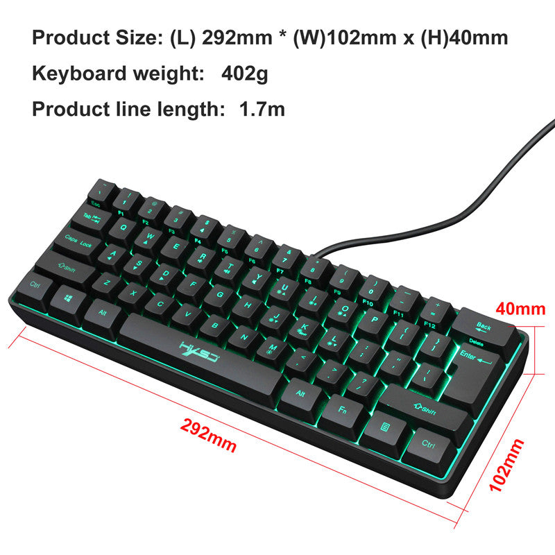 Compact 61-key RGB gaming keyboard with colorful LED backlighting.