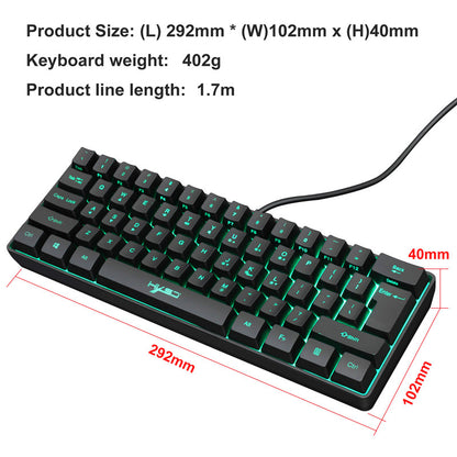 Compact 61-key RGB gaming keyboard with colorful LED backlighting.