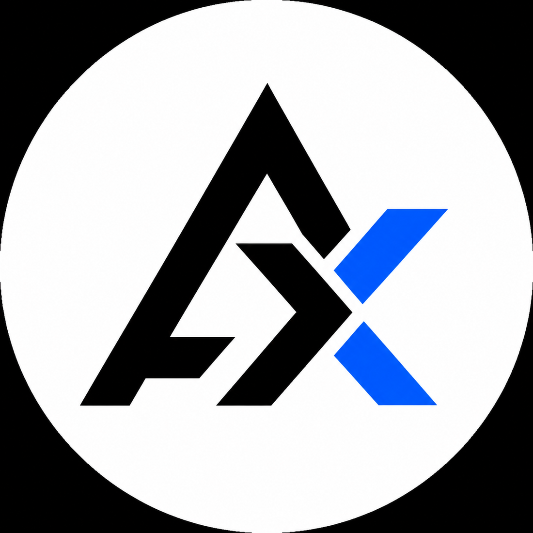 A stylized black and blue monogram logo inside a white circular badge on a black background.