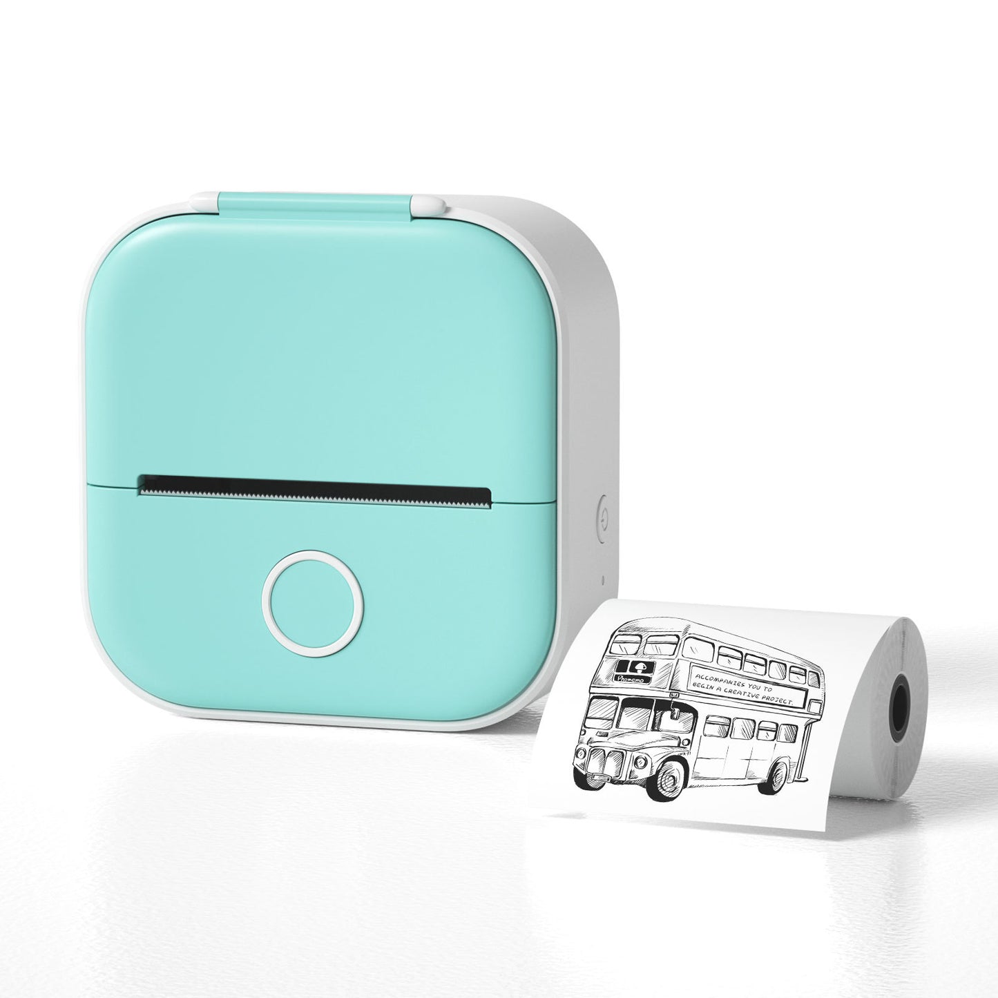 Mint green portable printer with a printed label of a double-decker bus on a white background