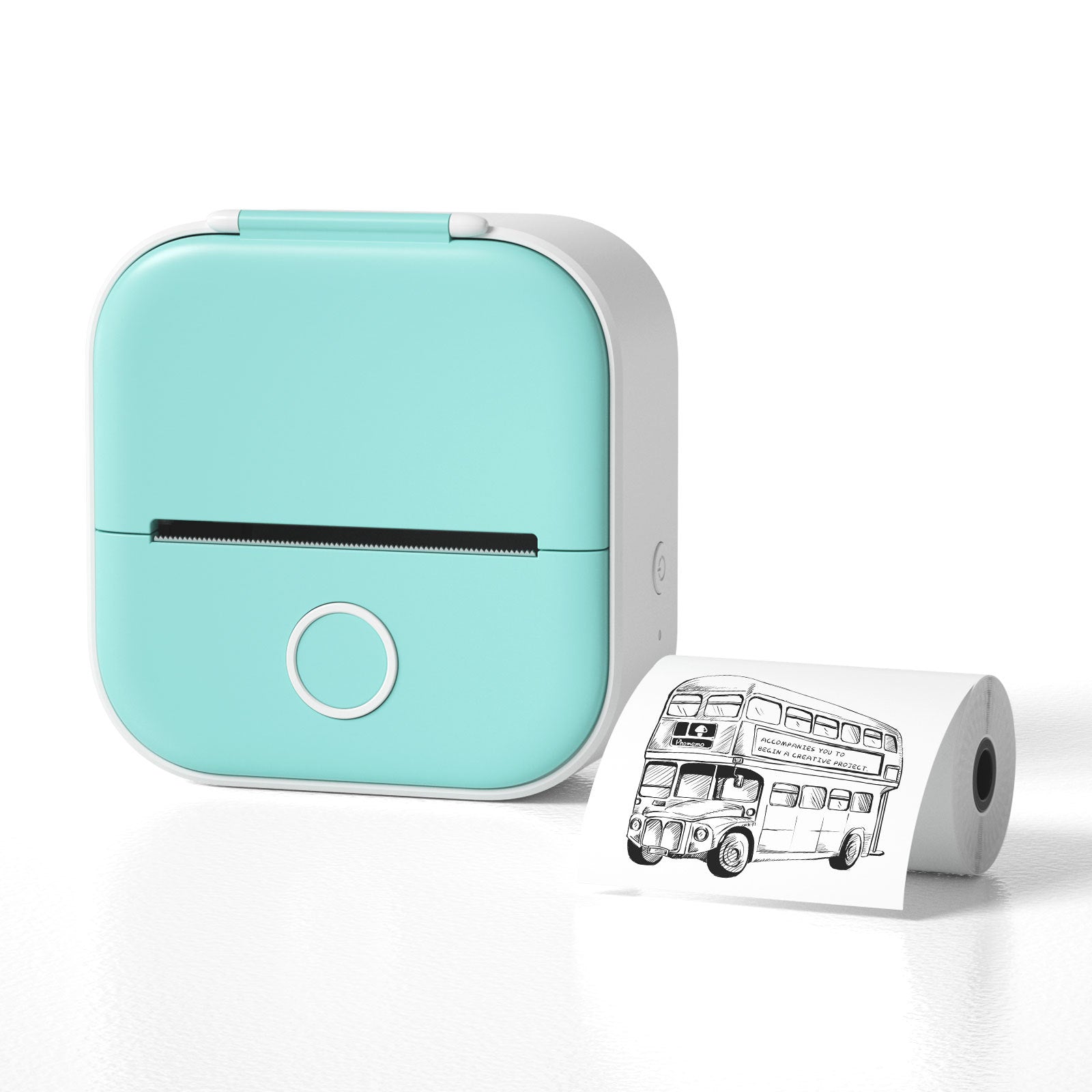 Mint green portable printer with a printed label of a double-decker bus on a white background