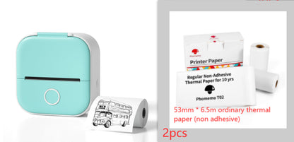 Turquoise printer with thermal paper rolls and a box of printer paper on a white background