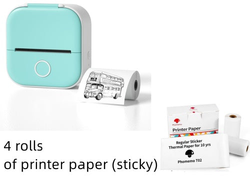 Small turquoise printer with rolls of printer paper on a white background