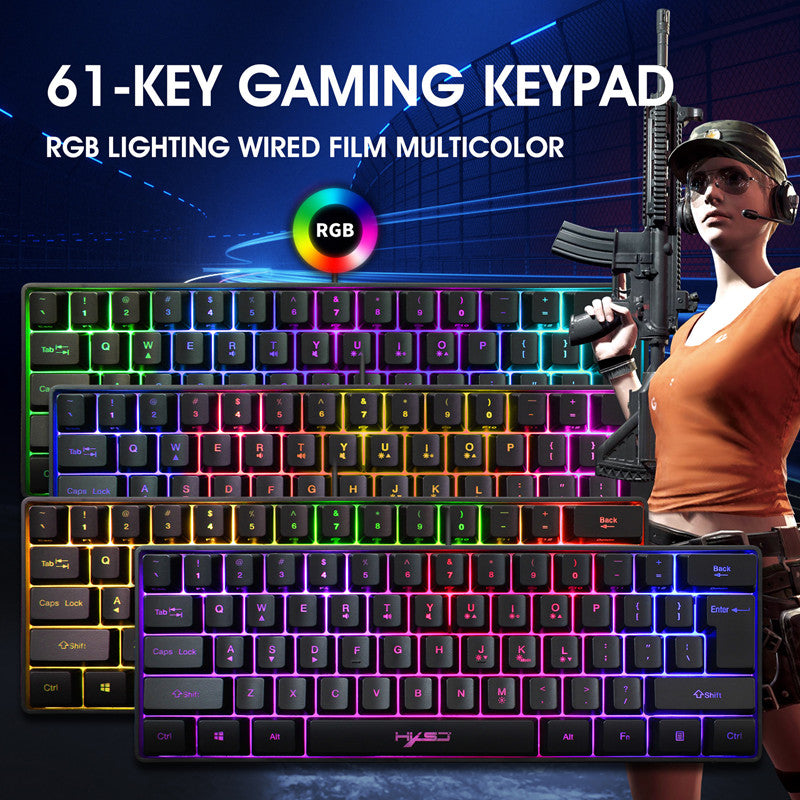 Durable 61-key wired keyboard with vibrant RGB lighting and compact design.