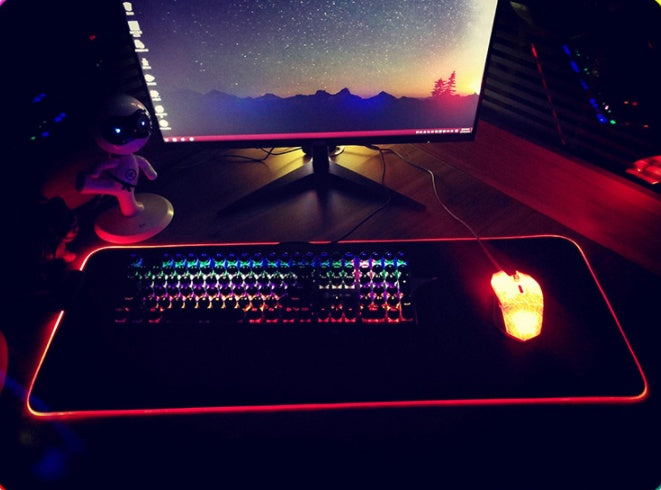 Extended RGB mouse pad with keyboard and mouse for gaming desk
