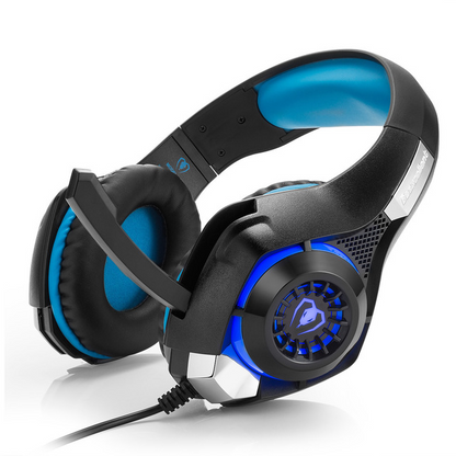 Gaming headset with LED lights, microphone, and in-line controls
