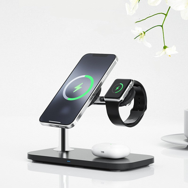 Magnetic 3-in-1 wireless charging station charging iPhone Apple Watch and AirPods.