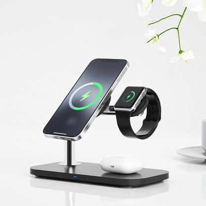 Magnetic 3-in-1 wireless charging station charging iPhone Apple Watch and AirPods.