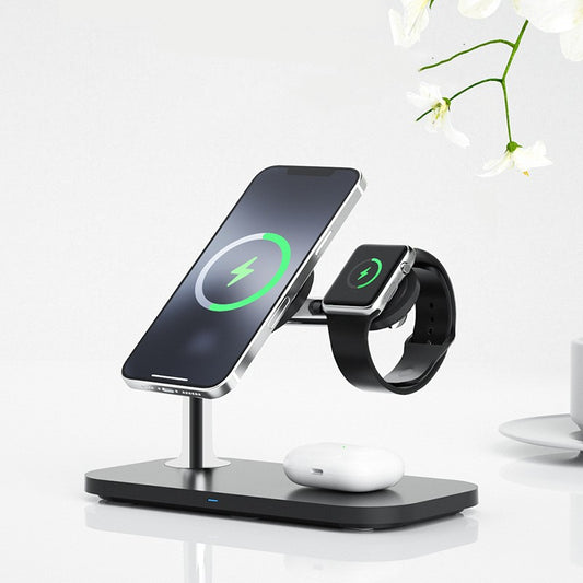 Magnetic 3-in-1 wireless charging station charging iPhone Apple Watch and AirPods.