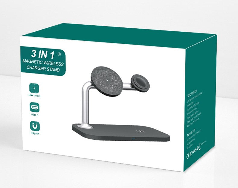 3-in-1 magnetic wireless charger stand packaging on a white background