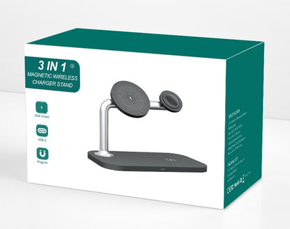 3-in-1 magnetic wireless charger stand packaging on a white background