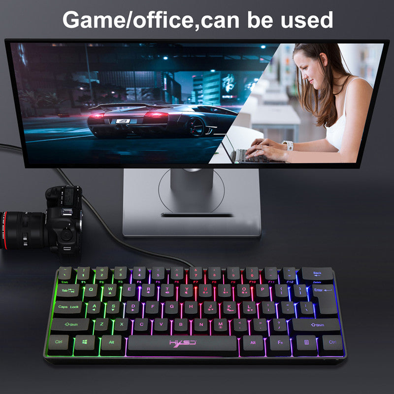 Mini RGB keyboard with space-saving layout for gaming and work.