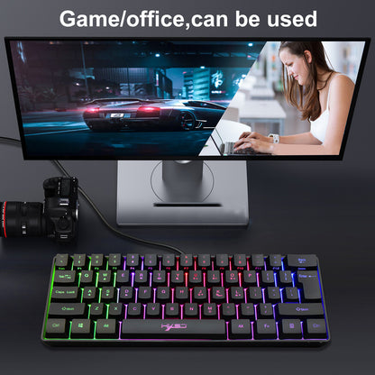 Mini RGB keyboard with space-saving layout for gaming and work.