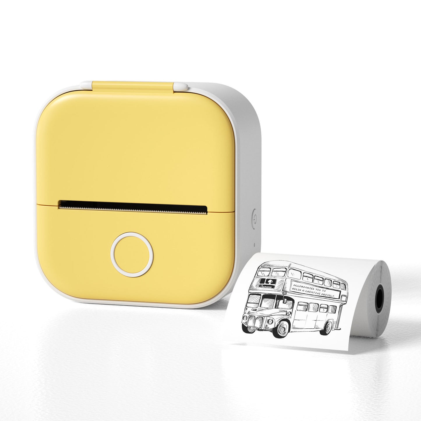 Yellow portable printer with a roll of paper featuring a black and white illustration of a bus on a white background