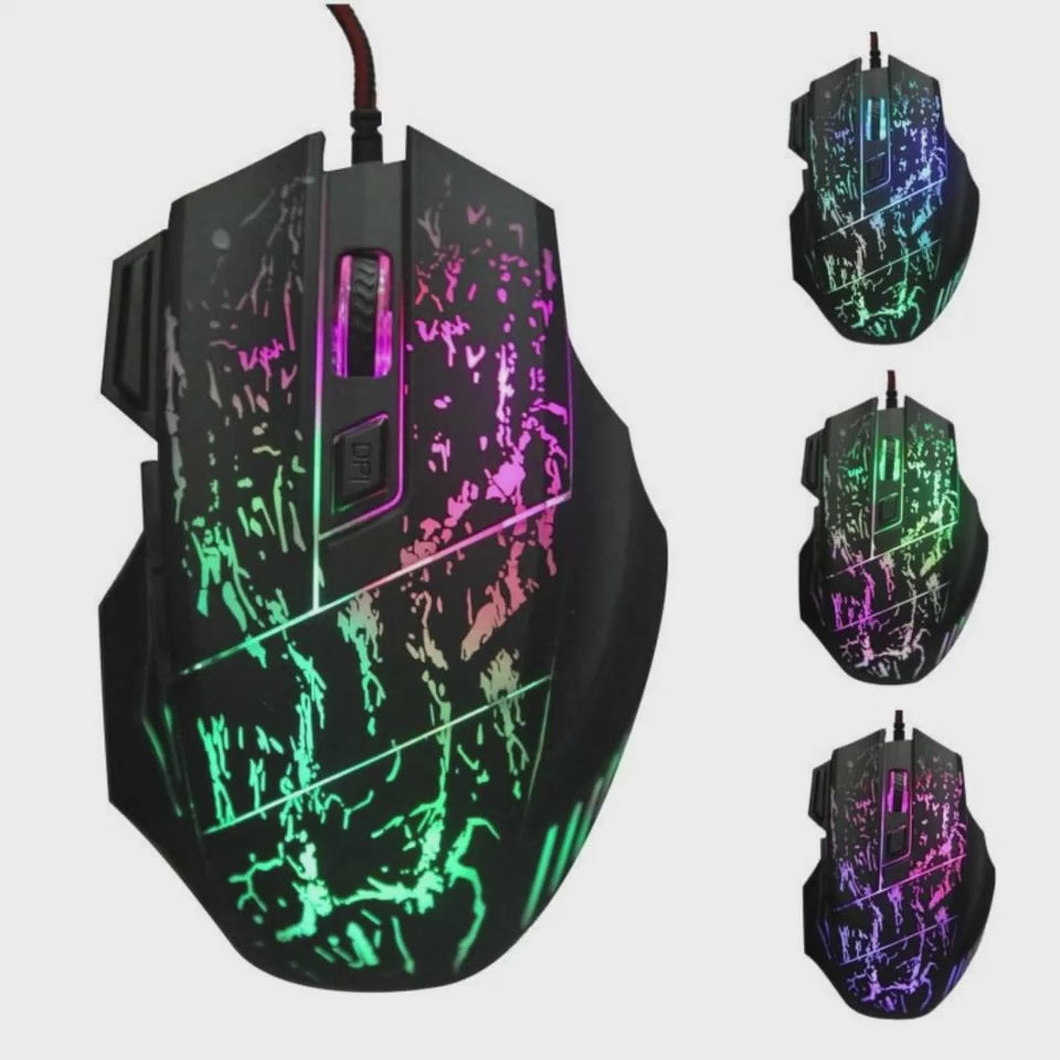 Wired RGB gaming mouse demonstrating smooth 1200 DPI tracking, responsive buttons, and illuminated gaming design.