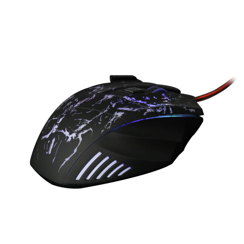 RGB wired gaming mouse on a modern desktop gaming setup