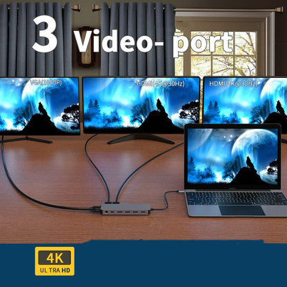 Laptop with multiple monitors displaying nature scenes, connected to a hub with '3 Video Port' text.