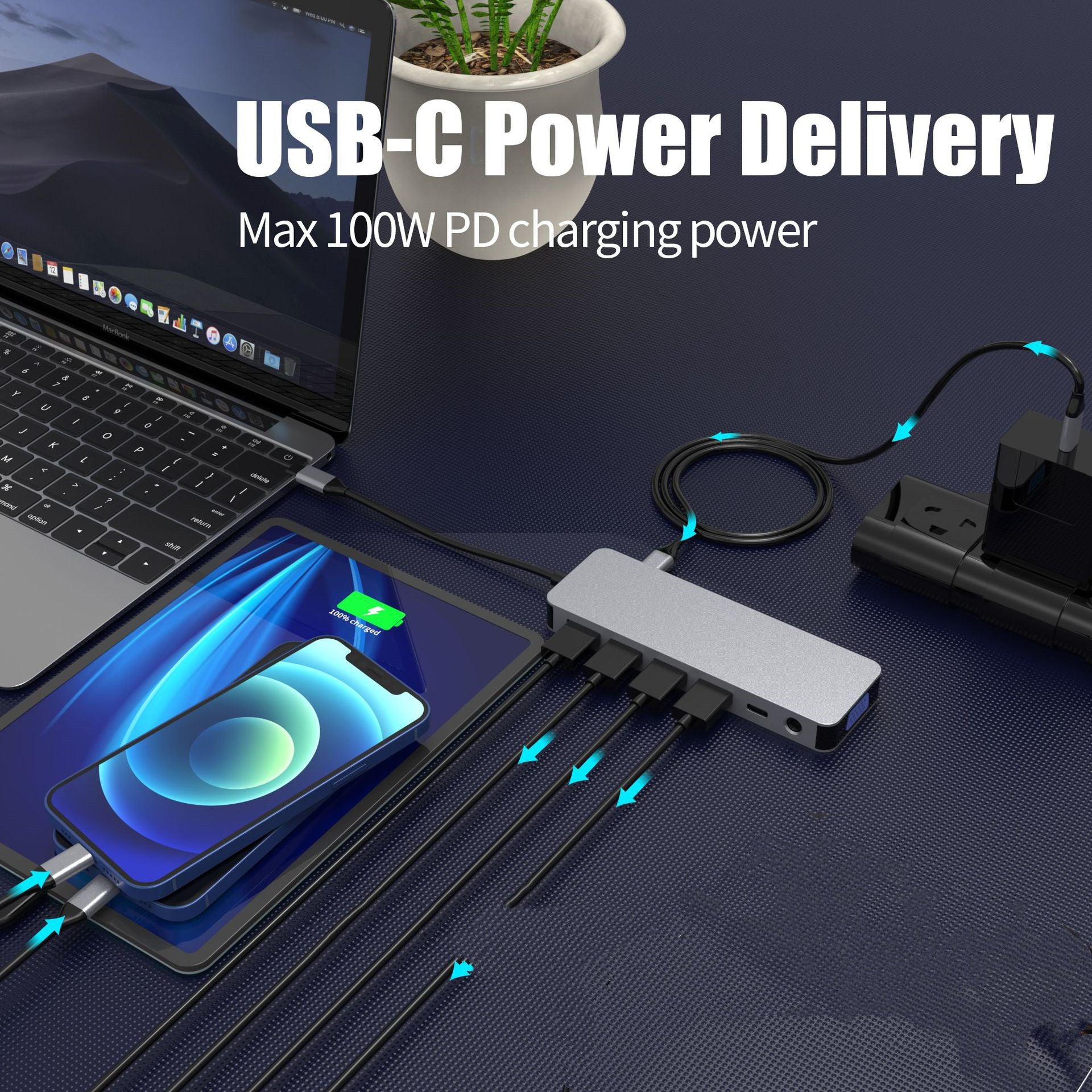 Aluminum USB-C docking station for MacBook, Windows laptops, and USB-C devices
